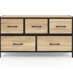 Commode 100 cm 5 tiroirs en tissu noir et effet bois au style industriel
