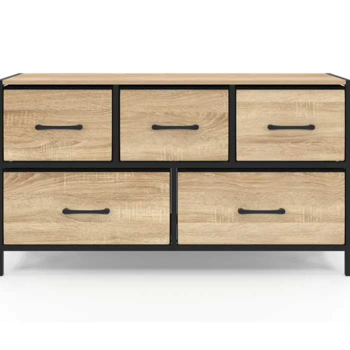 Commode 100 cm 5 tiroirs en tissu noir et effet bois au style industriel