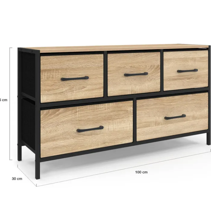 Commode 100 cm 5 tiroirs en tissu noir et effet bois au style industriel