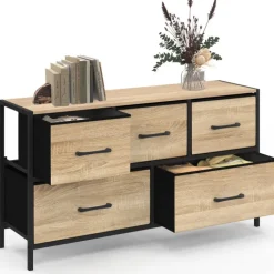 Commode 100 cm 5 tiroirs en tissu noir et effet bois au style industriel