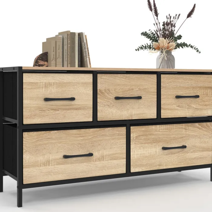 Commode 100 cm 5 tiroirs en tissu noir et effet bois au style industriel
