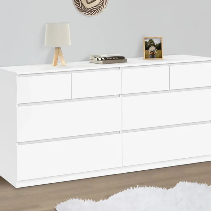 Commode 160 cm avec 8 tiroirs bois et blanc
