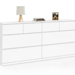 Commode 160 cm avec 8 tiroirs bois et blanc