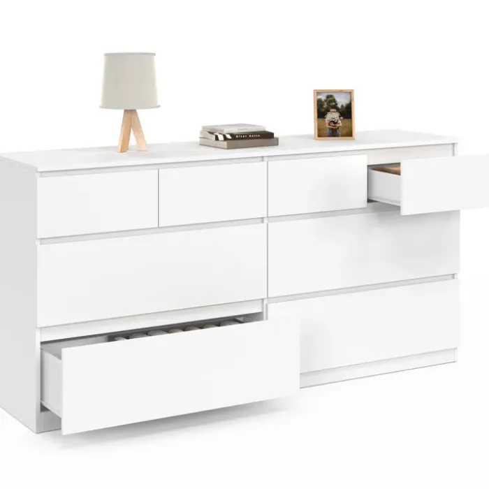 Commode 160 cm avec 8 tiroirs bois et blanc
