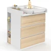 Commode à langer évolutive façon hêtre et blanc 3 tiroirs et 2 étagères