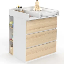 Commode à langer évolutive façon hêtre et blanc 3 tiroirs et 2 étagères