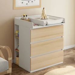 Commode à langer évolutive façon hêtre et blanc 3 tiroirs et 2 étagères