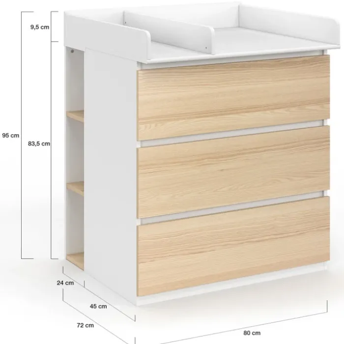 Commode à langer évolutive façon hêtre et blanc 3 tiroirs et 2 étagères