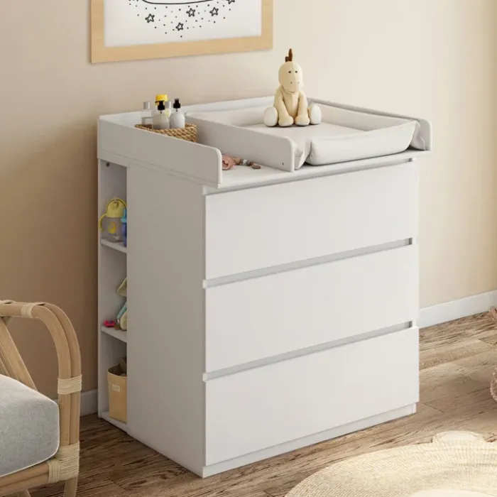 Commode à langer évolutive bois blanc 3 tiroirs et 2 étagères amovibles