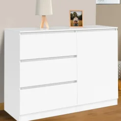 Commode 3 tiroirs + 1 porte 110 cm bois blanc