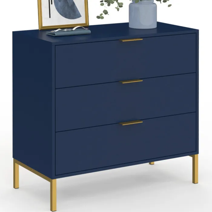 Commode 3 tiroirs 80 cm bleu nuit et finitions dorées