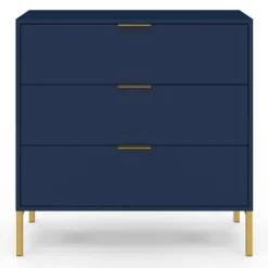 Commode 3 tiroirs 80 cm bleu nuit et finitions dorées
