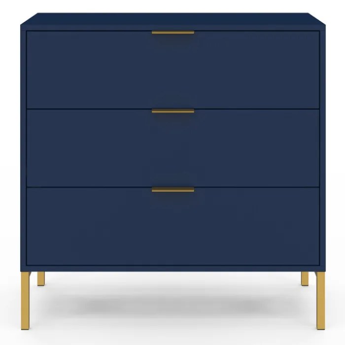 Commode 3 tiroirs 80 cm bleu nuit et finitions dorées