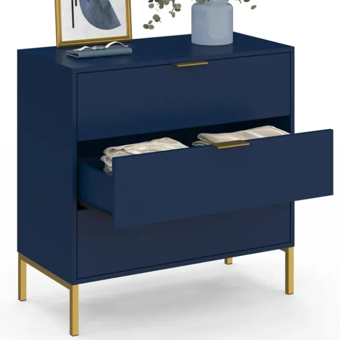 Commode 3 tiroirs 80 cm bleu nuit et finitions dorées