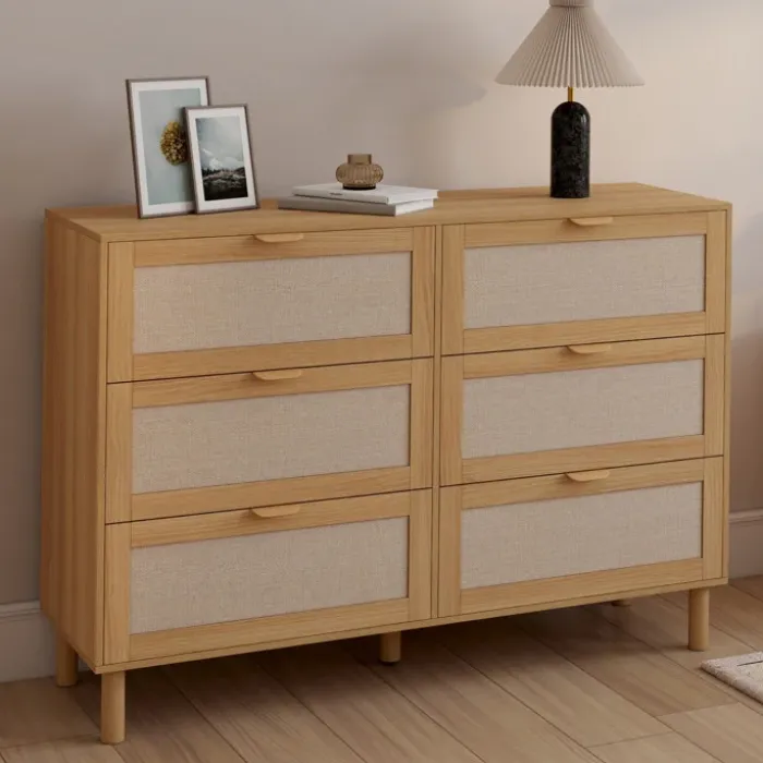 Commode 6 tiroirs 115 cm bois et effet lin
