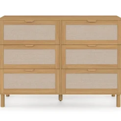 Commode 6 tiroirs 115 cm bois et effet lin