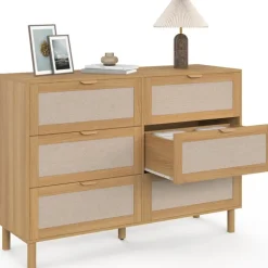 Commode 6 tiroirs 115 cm bois et effet lin