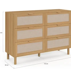 Commode 6 tiroirs 115 cm bois et effet lin