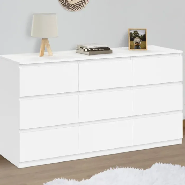 Commode 9 tiroirs 136 cm bois blanc