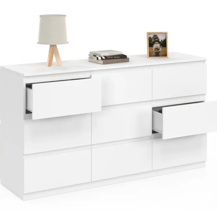 Commode 9 tiroirs 136 cm bois blanc