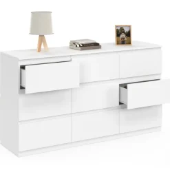 Commode 9 tiroirs 136 cm bois blanc