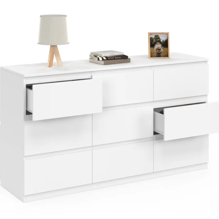 Commode 9 tiroirs 136 cm bois blanc