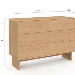 Commode 6 tiroirs 115 cm façon hêtre design arrondi