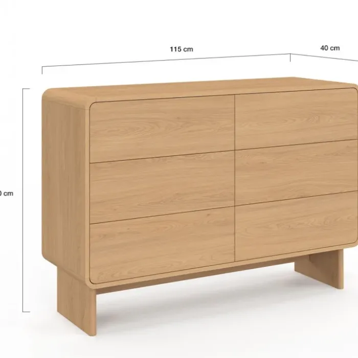 Commode 6 tiroirs 115 cm façon hêtre design arrondi