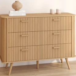 Commode 6 tiroirs 110 cm lattes tasseau bois coloris chêne