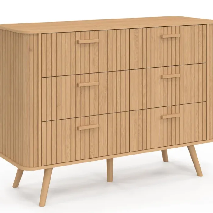Commode 6 tiroirs 110 cm lattes tasseau bois coloris chêne