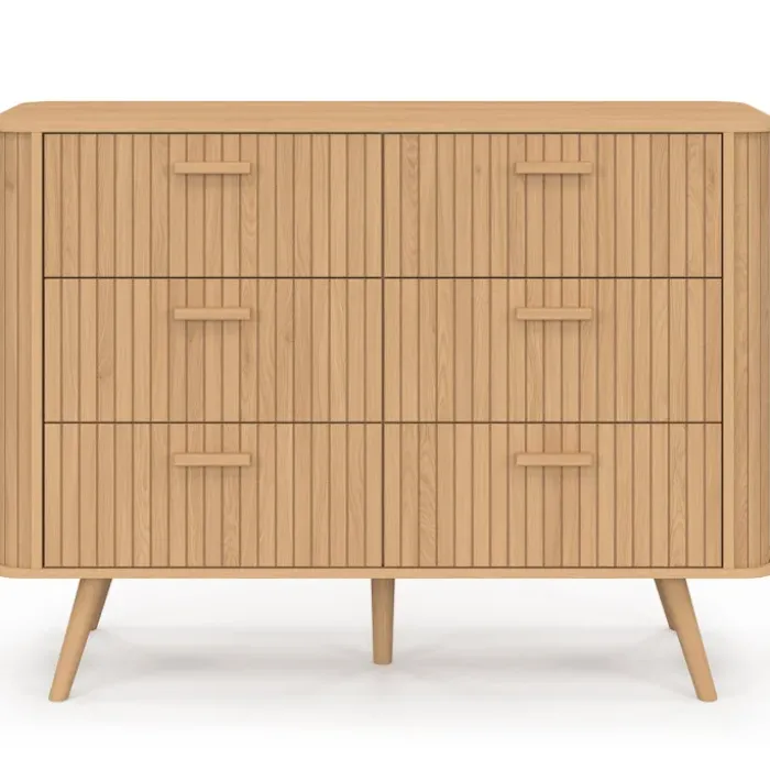 Commode 6 tiroirs 110 cm lattes tasseau bois coloris chêne