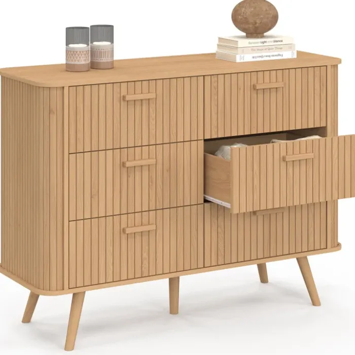 Commode 6 tiroirs 110 cm lattes tasseau bois coloris chêne
