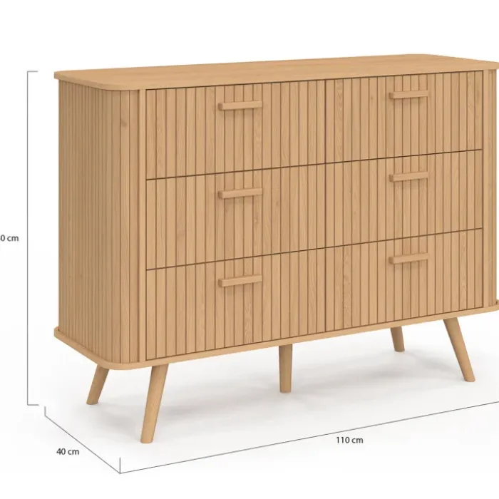 Commode 6 tiroirs 110 cm lattes tasseau bois coloris chêne
