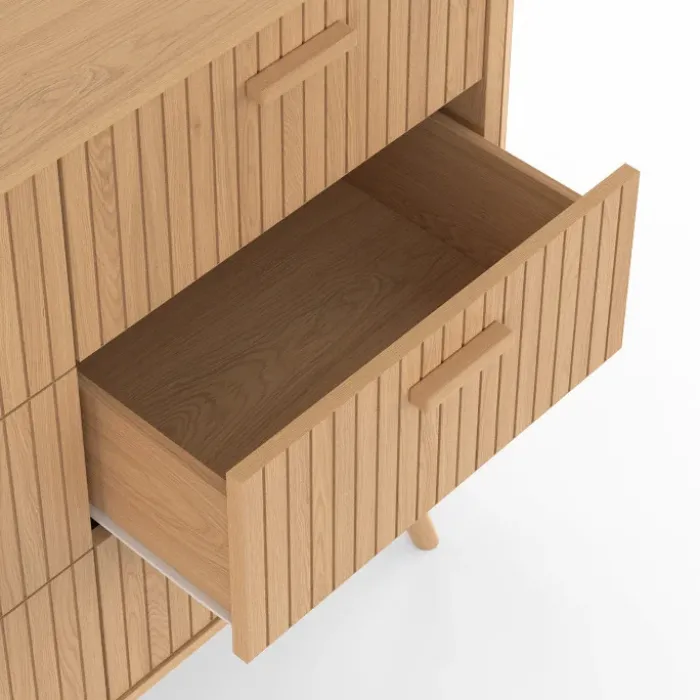 Commode 6 tiroirs 110 cm lattes tasseau bois coloris chêne