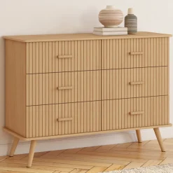 Commode 6 tiroirs 110 cm lattes tasseau bois coloris chêne