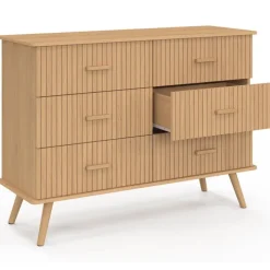 Commode 6 tiroirs 110 cm lattes tasseau bois coloris chêne