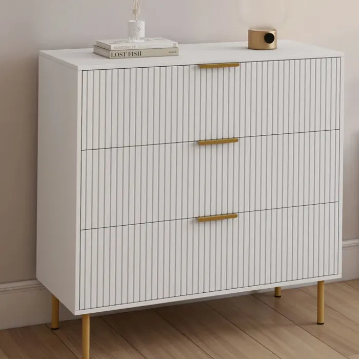Commode 3 tiroirs 80 cm lattes blanc et doré