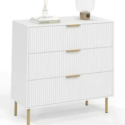 Commode 3 tiroirs 80 cm lattes blanc et doré