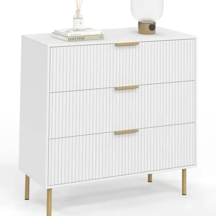Commode 3 tiroirs 80 cm lattes blanc et doré