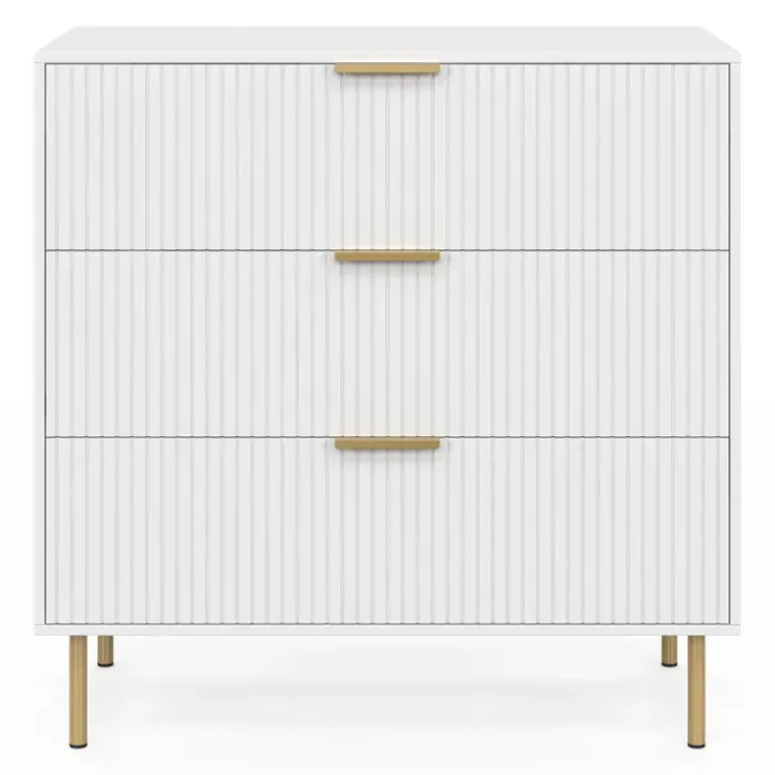 Commode 3 tiroirs 80 cm lattes blanc et doré
