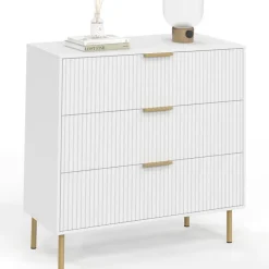 Commode 3 tiroirs 80 cm lattes blanc et doré