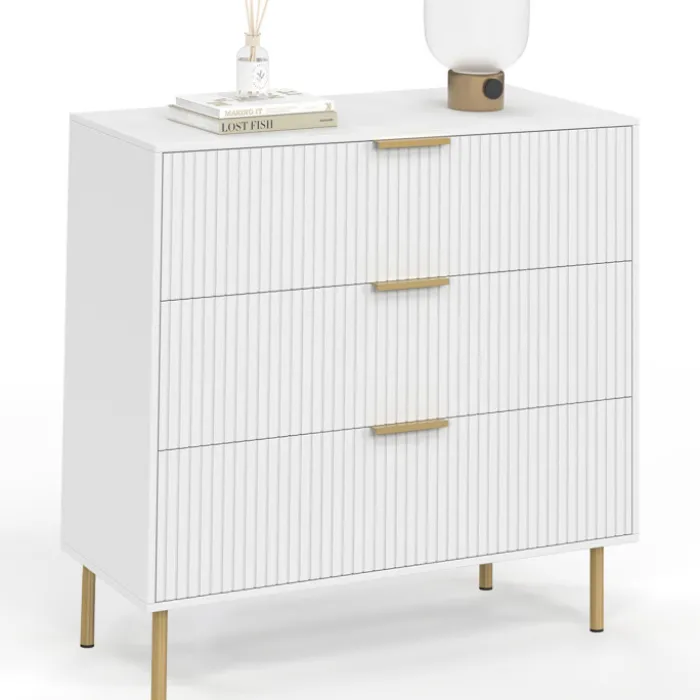 Commode 3 tiroirs 80 cm lattes blanc et doré