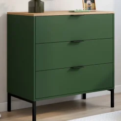 Commode 3 tiroirs 80 cm vert kaki et plateau bois