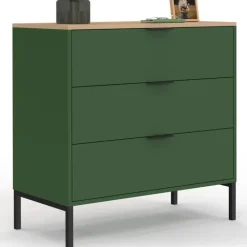 Commode 3 tiroirs 80 cm vert kaki et plateau bois