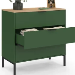Commode 3 tiroirs 80 cm vert kaki et plateau bois