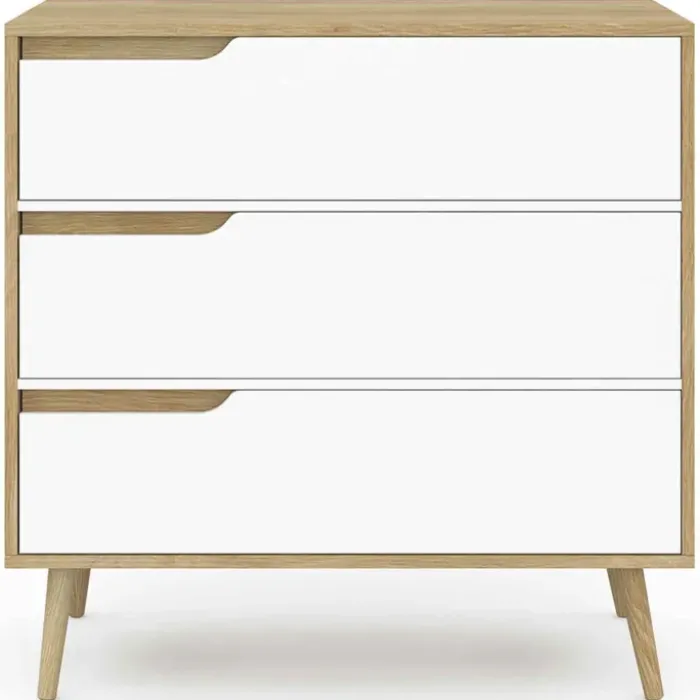 Commode 3 tiroirs blanche et bois style scandinave
