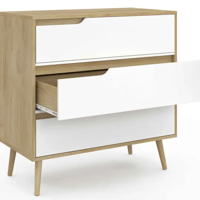 Commode 3 tiroirs blanche et bois style scandinave