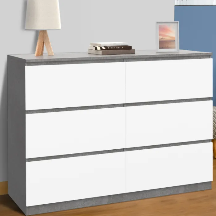 Commode 6 tiroirs blanche effet béton