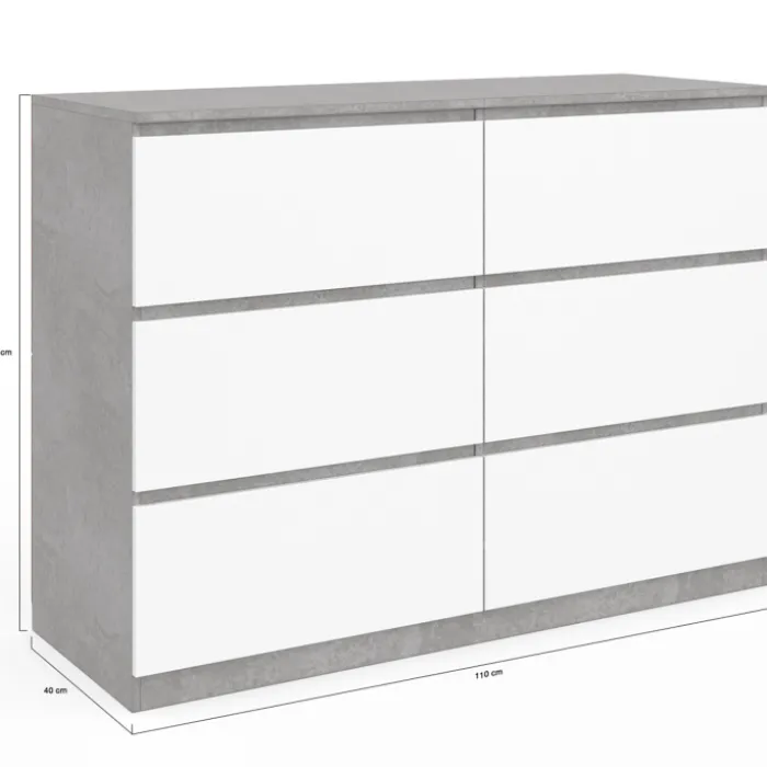Commode 6 tiroirs blanche effet béton