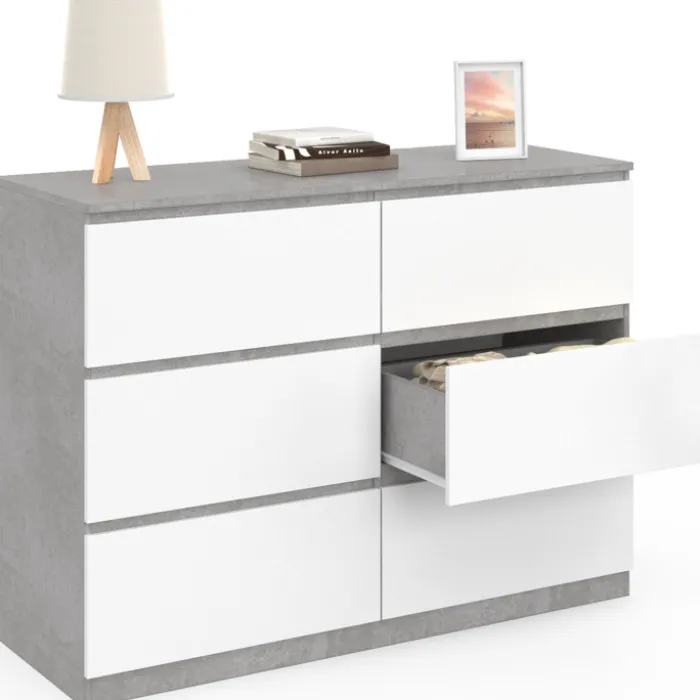Commode 6 tiroirs blanche effet béton